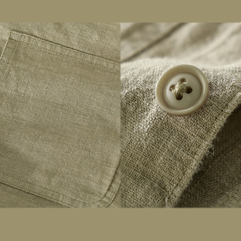 Buddha Stones Commute Men's Plain Buttons Design Cotton Linen Long Sleeve Shirt With Pockets