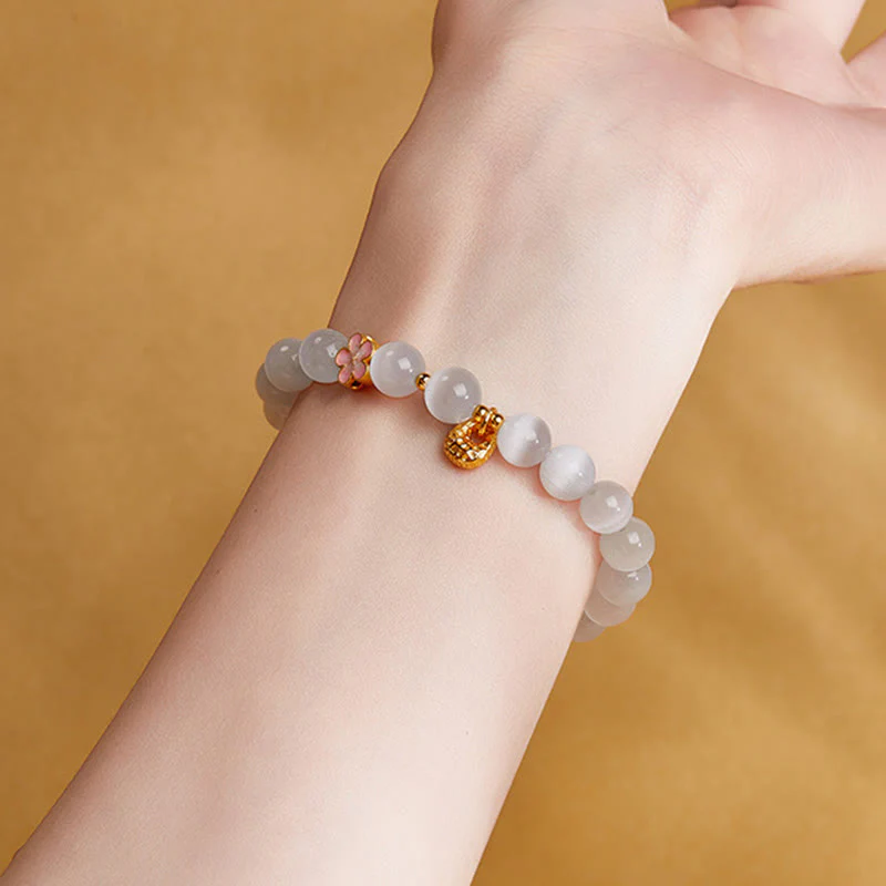 Buddha Stones 925 Sterling Silver Natural Peach Blossom White Cat's Eye Positive Bracelet