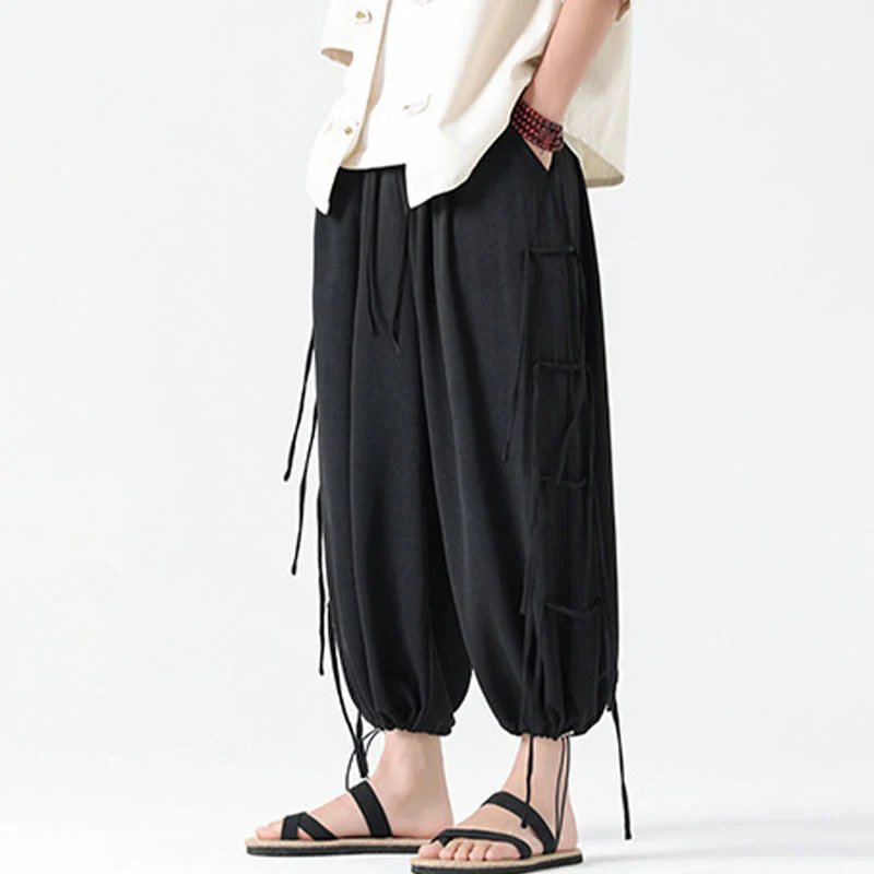 Buddha Stones Casual Loose Lanyard Design Waist Rope Men's 7-8 Length Spandex Pants With Pockets