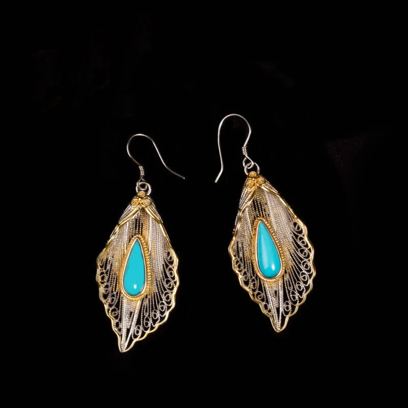 Buddha Stones 925 Sterling Silver Turquoise Bodhi Leaf Pattern Protection Drop Dangle Earrings