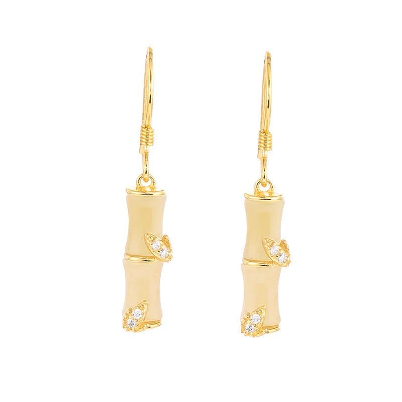 Buddha Stones 925 Sterling Silver Hetian Jade Chrysoberyl Cat Eye Red Agate Bamboo Luck Drop Earrings