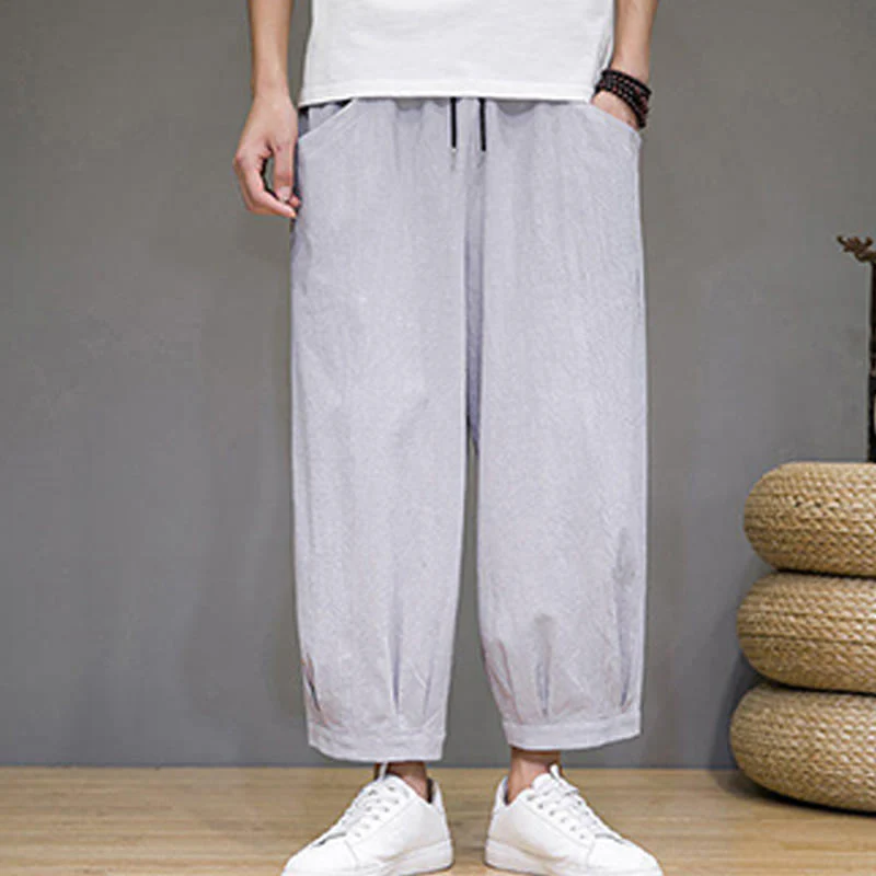 Buddha Stones Simple Cotton Men's Cropped Capri Harem Pants With Pockets
