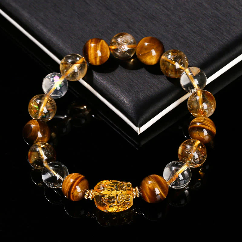 Buddha Stones Natural Yellow Tiger Eye Citrine Beeswax Pixiu Strength Bracelet