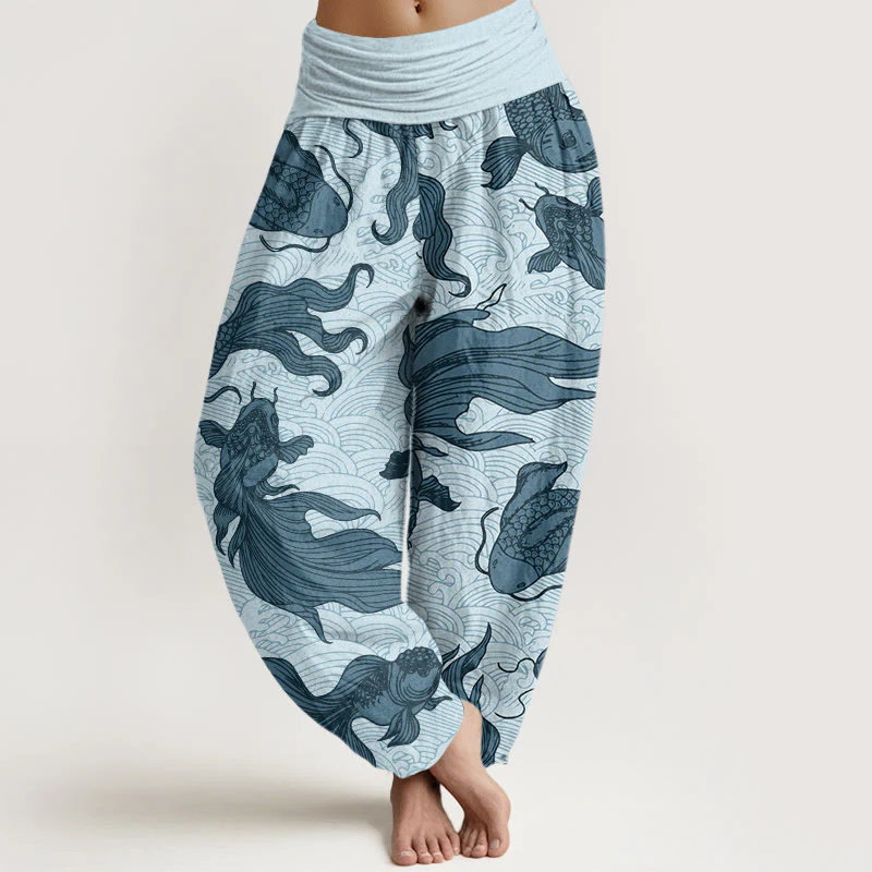 Buddha Stones Koi Fish Waves Pattern Design Women's Elastic Waist Harem Pants
