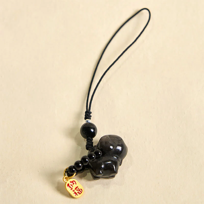 Buddha Stone Silver Sheen Obsidian Puppy Dog Fu Character Protection Necklace Phone Hanging Decoration