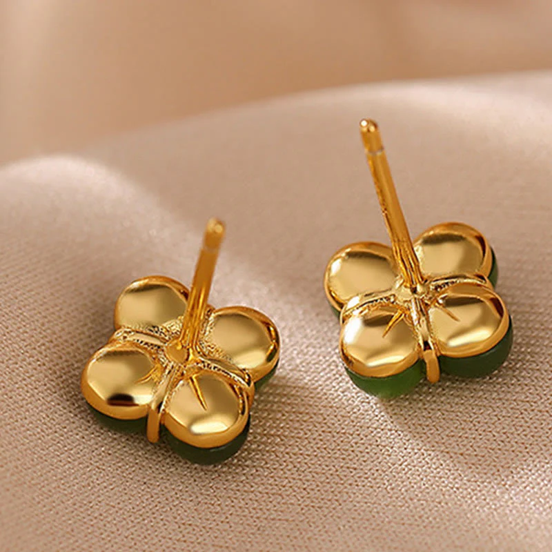 Buddha Stones 925 Sterling Silver Plated Gold Natural Cyan Jade Four Leaf Clover Luck Stud Earrings