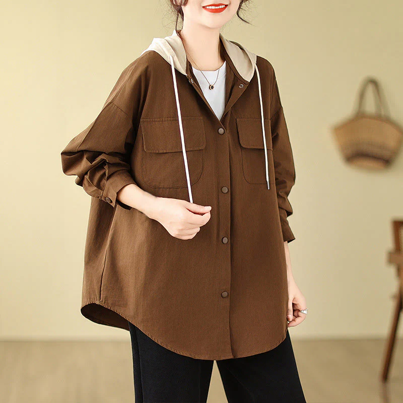 Buddha Stones Casual Commute Drawstring Hoodie Women's Cotton Linen Jacket With Pockets