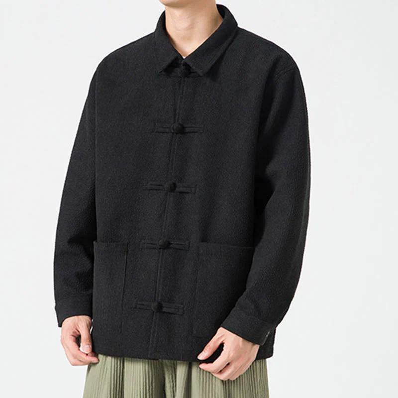 Buddha Stones Long Sleeve Frog-button Design Men's Polyester Jacket Shirt With Pockets