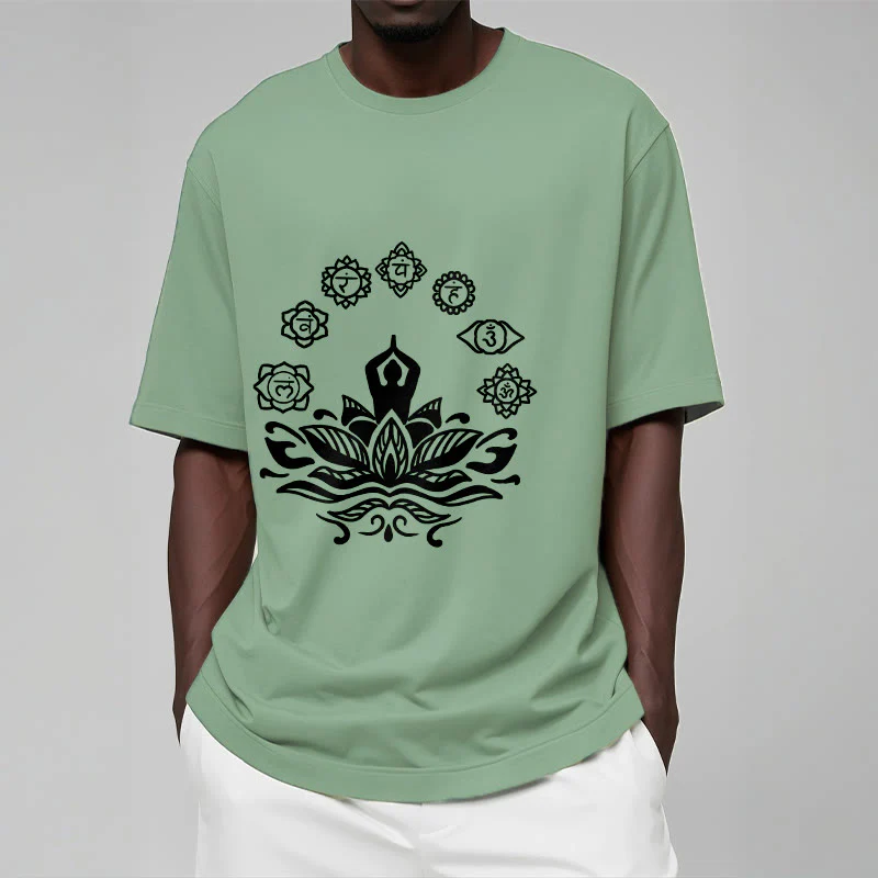 Buddha Stones Casual Meditating Figure Lotus Flower Seven Chakras Pattern Cotton Tee T-Shirt