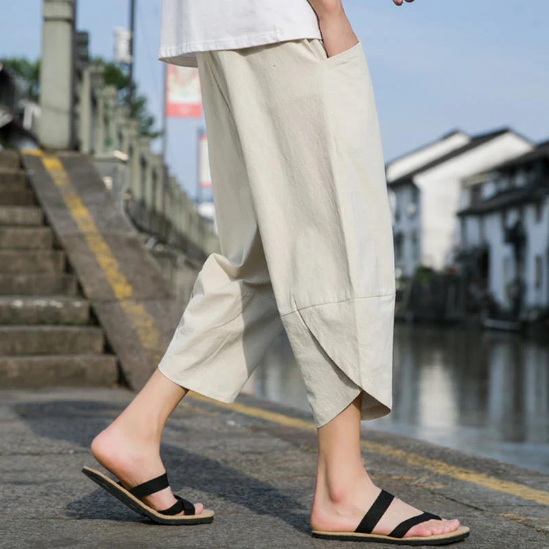 Buddha Stones Summer Casual Simple Plain Tapered Design Drawstring Men's  7-8 Length Cotton Linen Pants With Pockets