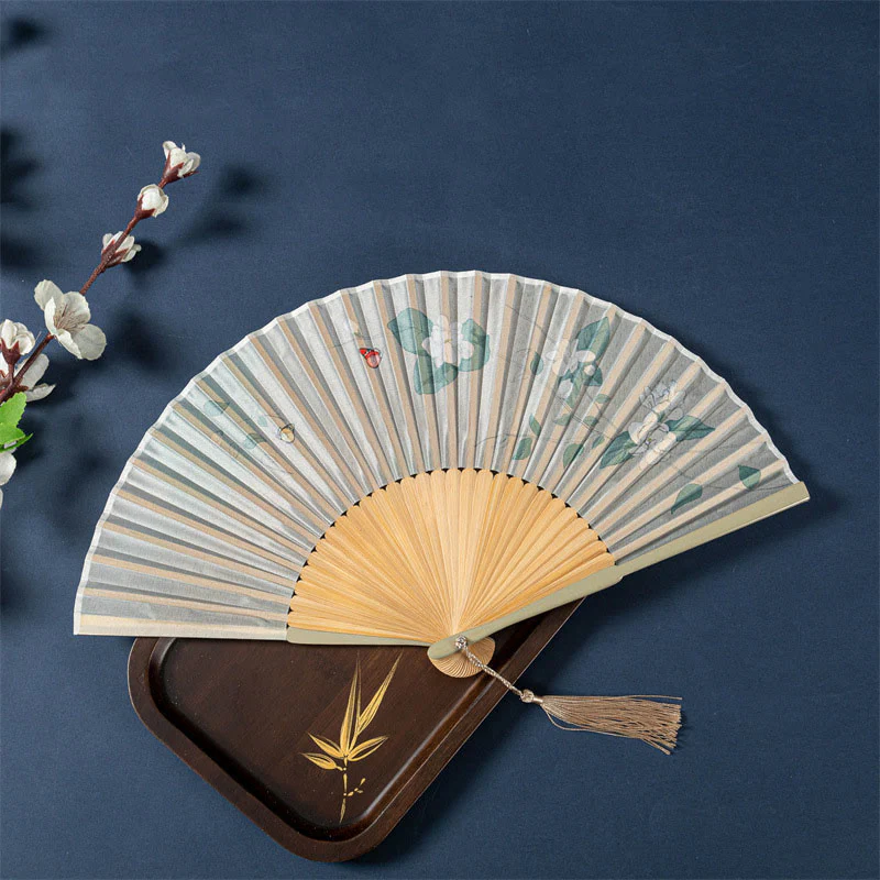 Buddha Stones Lotus Begonia Flower Jasmine Handheld Bamboo Folding Fan 21cm