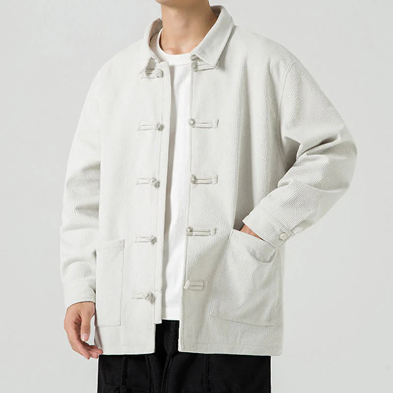 Buddha Stones Long Sleeve Frog-button Design Men's Polyester Jacket Shirt With Pockets