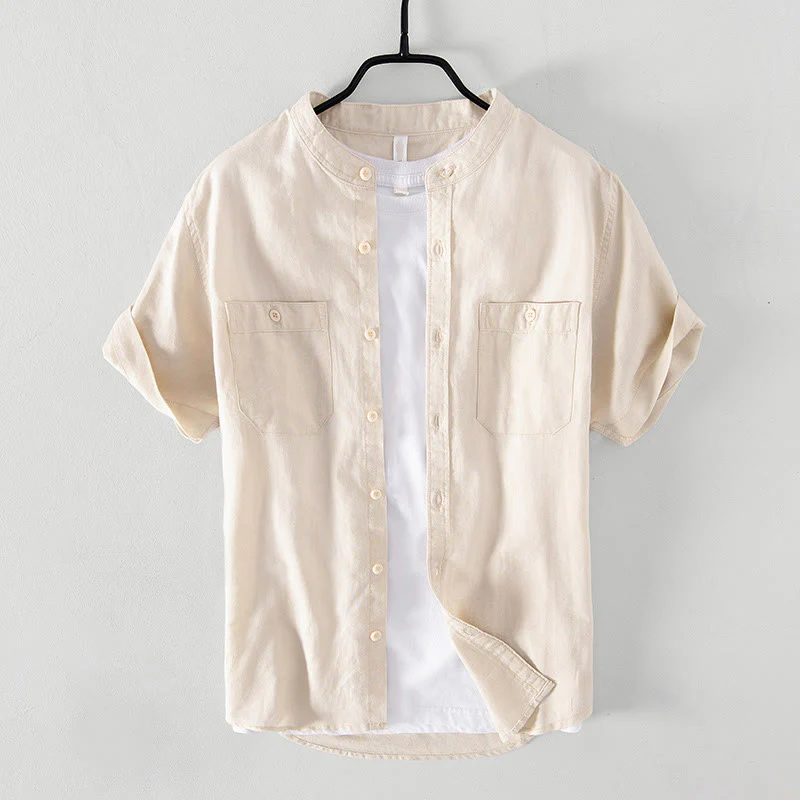 Buddha Stones Casual Daily Simple Buttons Design Stand Collar Men's Short Sleeve Cotton Linen Shirt With Front Pockets