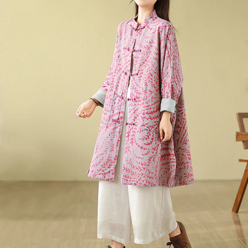 Buddha Stones Frog-button Vine Leaves Women's Cotton Linen Coat With Pockets