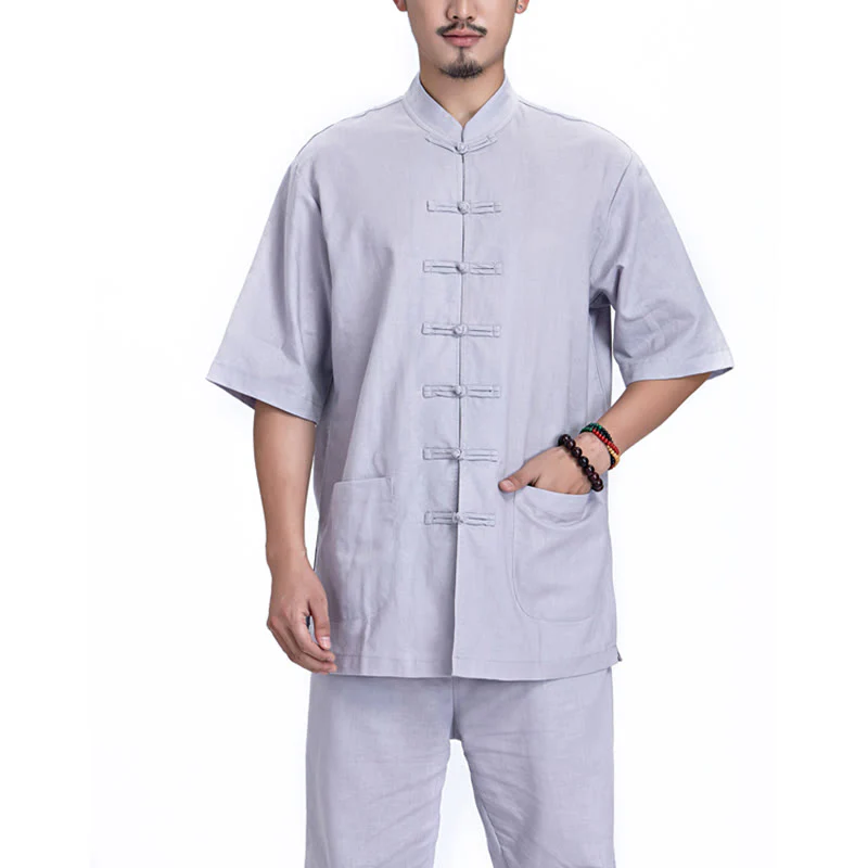 Buddha Stones Chinese Frog Button Design Meditation Prayer Cotton Linen Spiritual Zen Practice Yoga Clothing Men's Set