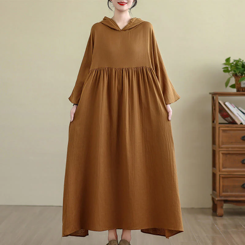 Buddha Stones Fall Hoodie Design Long Sleeve Cotton Linen Midi Dress With Pockets