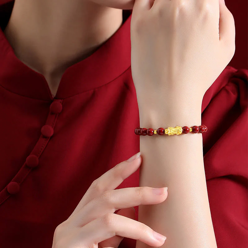 Buddha Stones 999 Gold 5D Hard Gold Cinnabar PiXiu Calm Bracelet