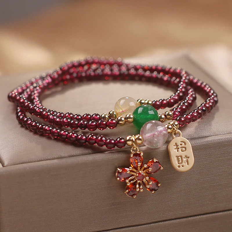 Buddha Stones Natural 3mm Ultra-thin Garnet Beads Cherry Blossom Flower Attract Fortune Protection Multilayer Bracelet