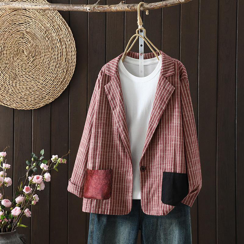 Buddha Stones Splicing Stripes Women's Cotton Linen Jacket With Pockets