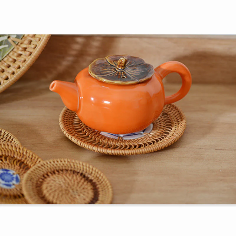 Buddha Stones Ceramic Flower Pattern Rattan Cup Mat Tea Cup Coaster