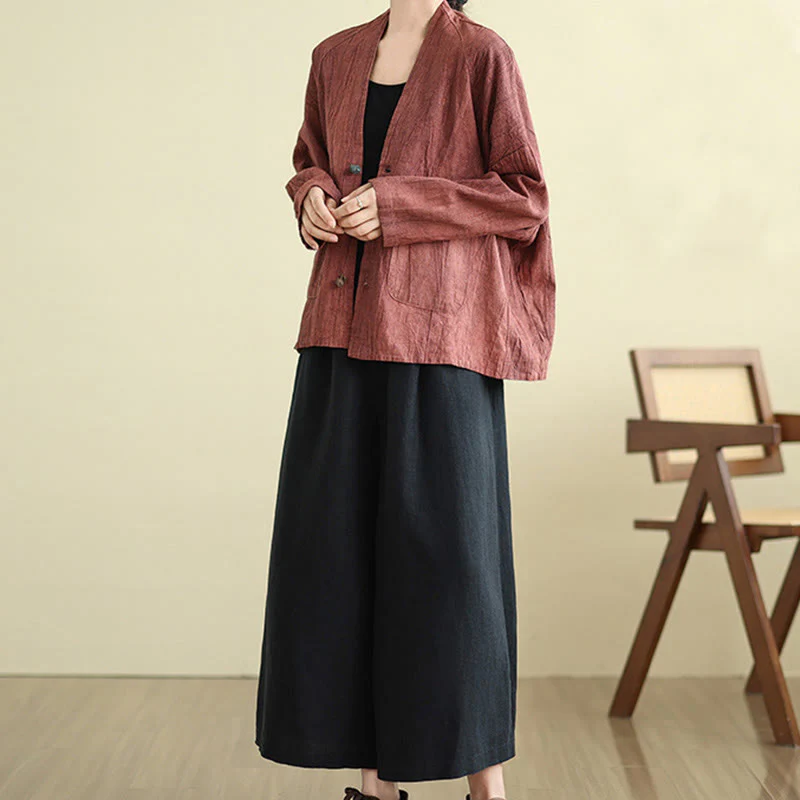 Buddha Stones Plain Long Sleeve Women's Cotton Linen Jacket With Pockets