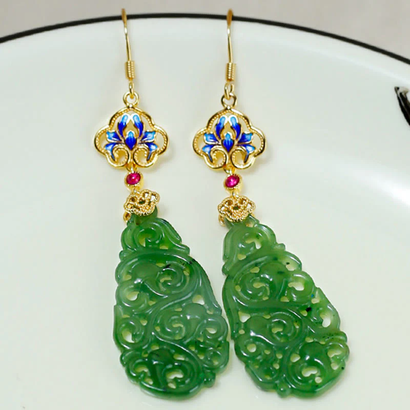 Buddha Stones Hollow Hetian Jade Enamel 925 Sterling Silver Prosperity Earrings