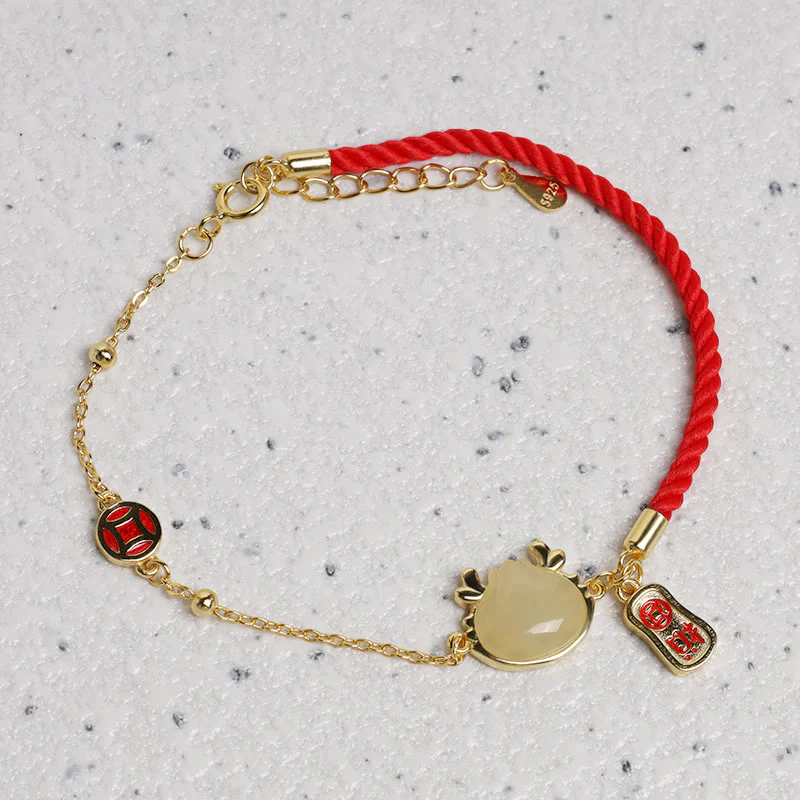 Buddha Stones 925 Sterling Silver Year Of The Dragon Hetian White Jade Chinese Steamed Bun Dragon Design Fortune Blessing Bracelet
