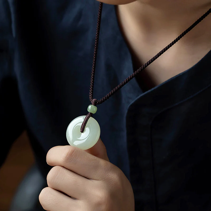 Buddha Stones Natural Round Jade Peace Buckle Luck Prosperity Necklace Pendant