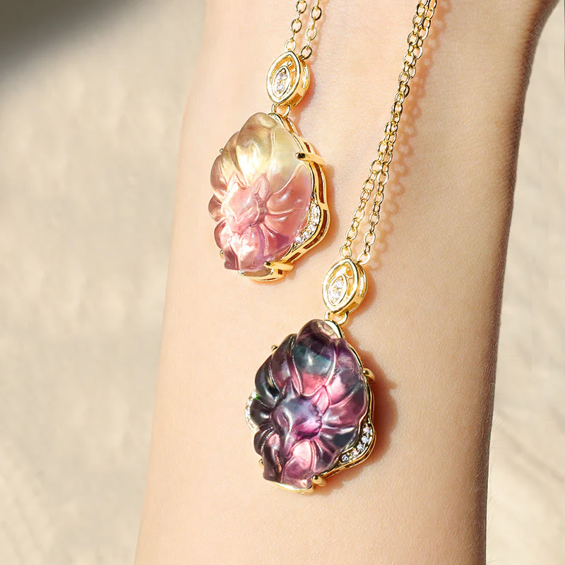 Buddha Stones Natural Colorful Fluorite Nine Tailed Fox Protection Necklace Pendant