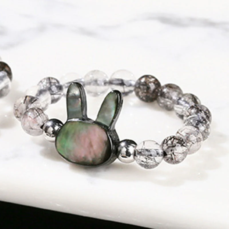 Buddha Stones 3mm Black Rutilated Quartz Tridacna Stone Rabbit Cat Ring