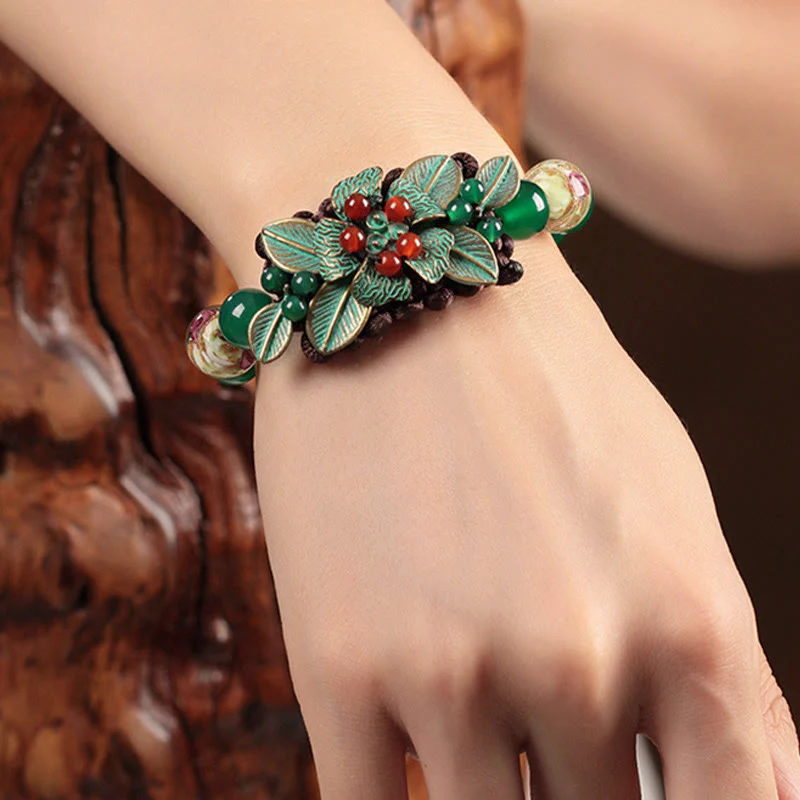 Buddha Stones Green Agate Glass Flower Beads Braided Knot Support Bracelet