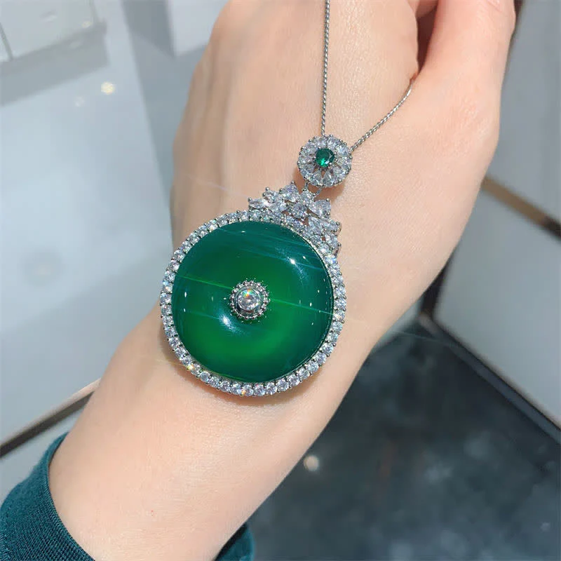Buddha Stones Green Chalcedony Round Peace Buckle Strength Necklace Pendant
