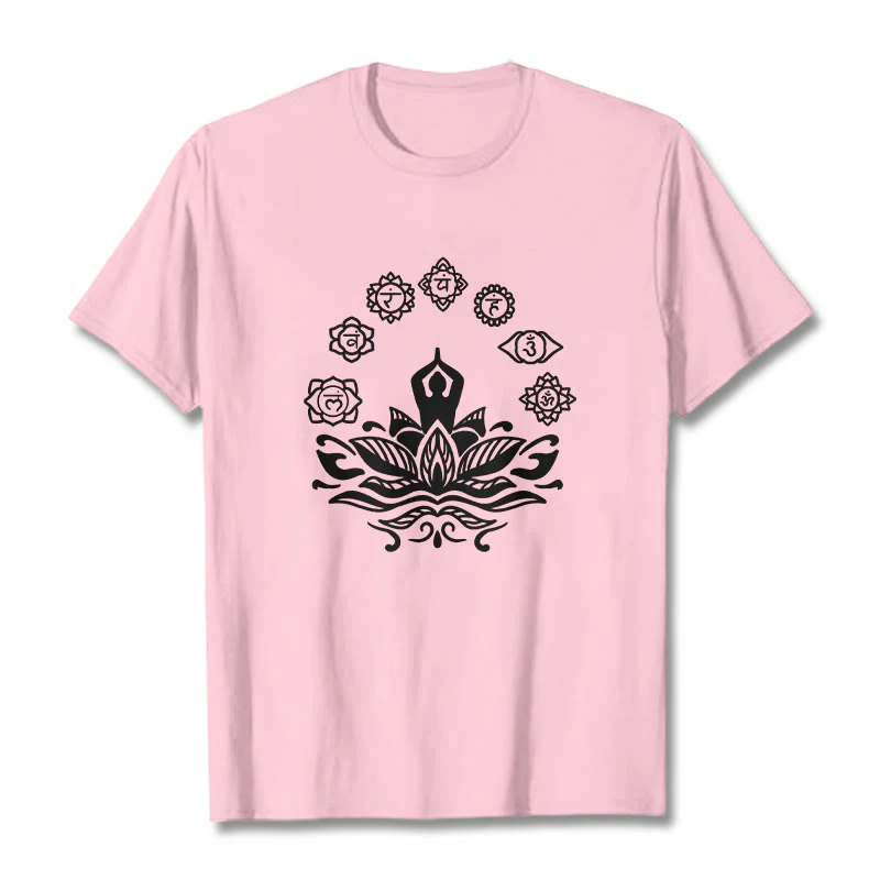 Buddha Stones Casual Meditating Figure Lotus Flower Seven Chakras Pattern Cotton Tee T-Shirt