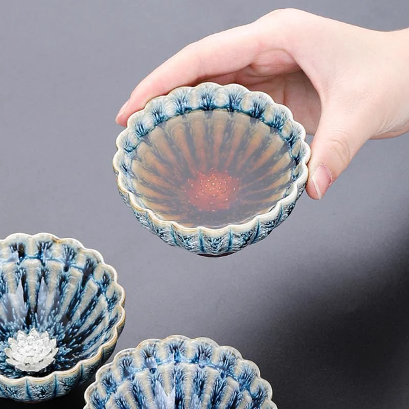 Buddha Stones Handmade Small Chinese Jianzhan Lotus Ceramic Teacup Kung Fu Tea Cup 80ml