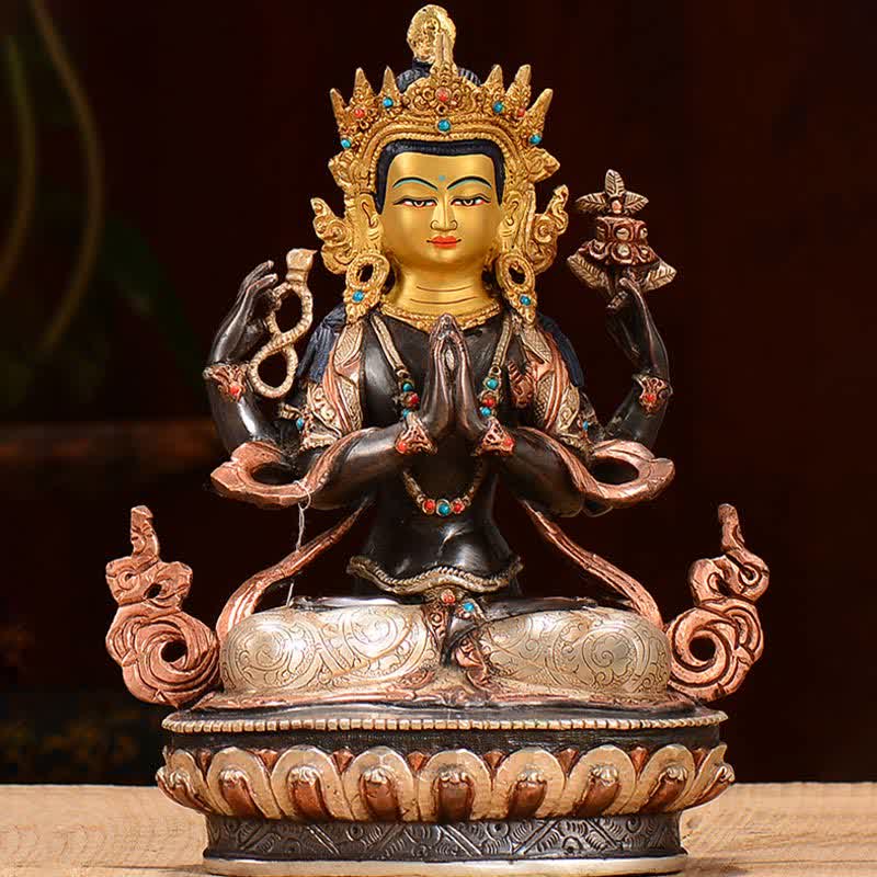 Buddha Stones Bodhisattva Chenrezig Four-armed Avalokitesvara Protection Copper Statue Decoration