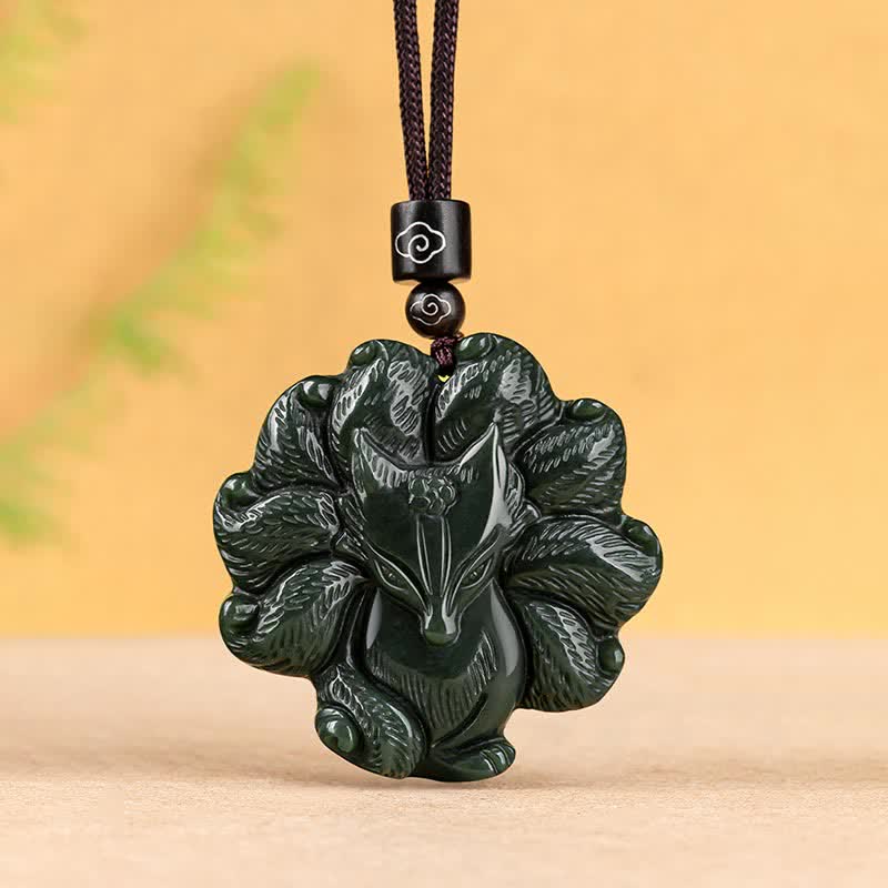 Buddha Stones Hetian Cyan Jade Nine Tailed Fox Luck Necklace String Pendant