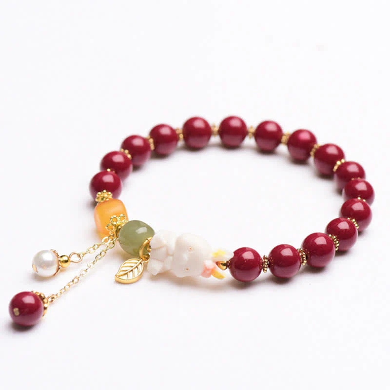 Buddha Stones Year of the Rabbit Cinnabar Hetian Jade Bunny Beaded Blessing Bracelet