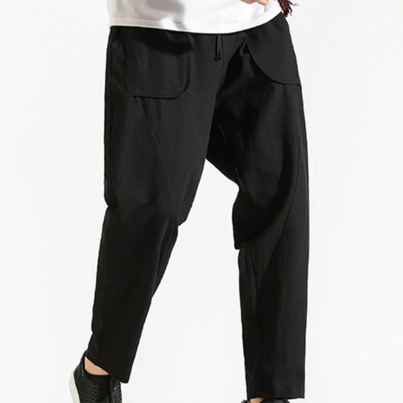 Buddha Stones Retro Casual Drawstring Design Men's Harem Cotton Plain Pants With Pockets