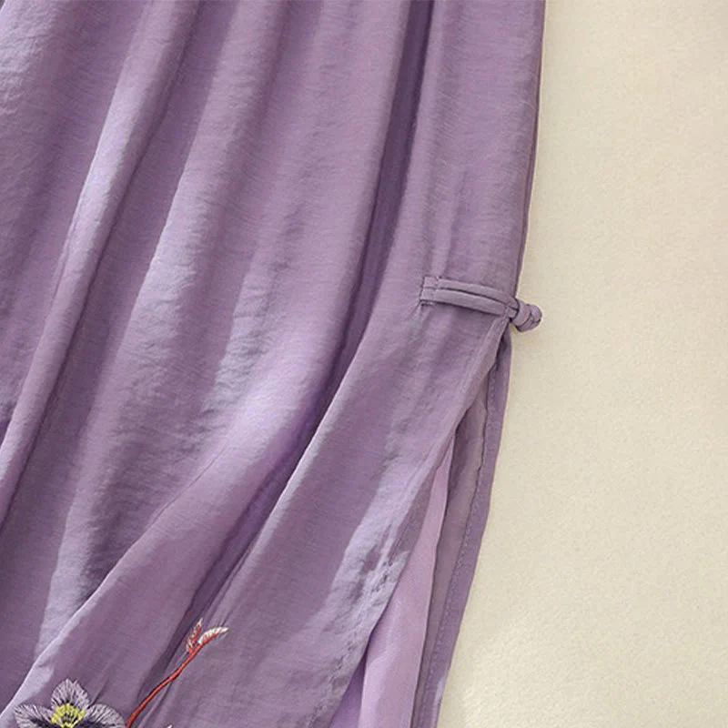 Buddha Stones Artistic Embroidery Flower Double Layer Chinese Frog Button Split Cotton Linen Women's Wide Leg Pants