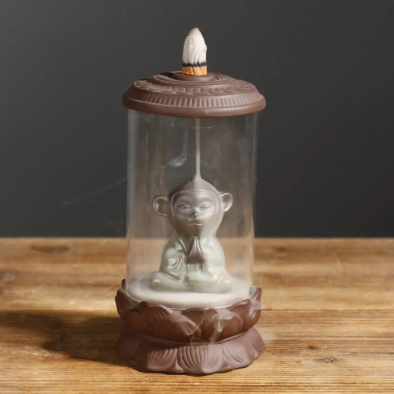 Buddha Stones Meditation Wukong Monkey King Purple Clay Windshield Lotus Backflow Smoke Fountain Incense Burner Decoration