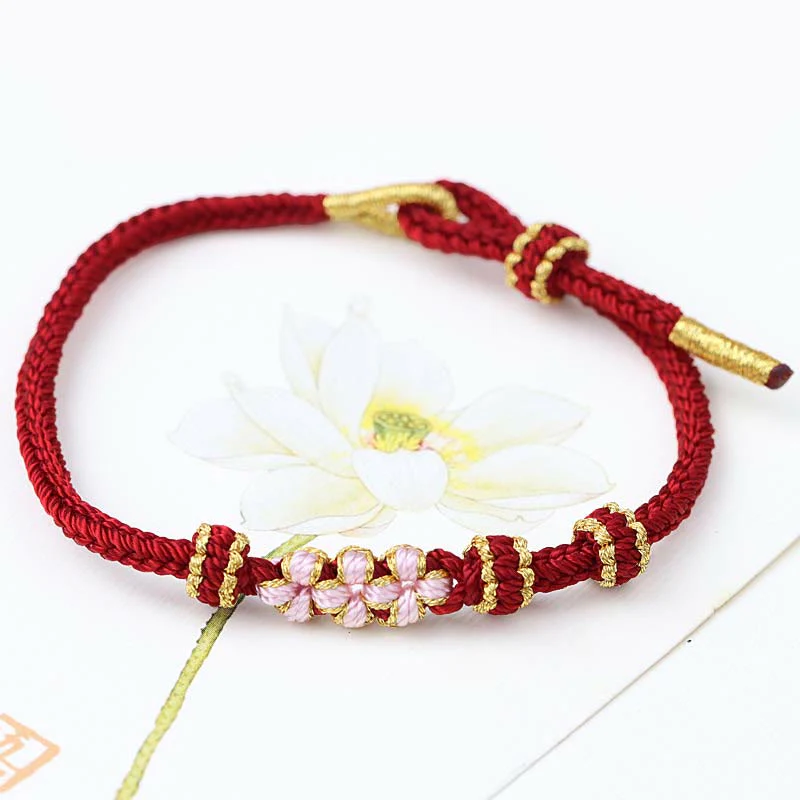 Buddha Stones Handmade Three Peach Blossoms Luck Eight Strands Braided String Bracelet