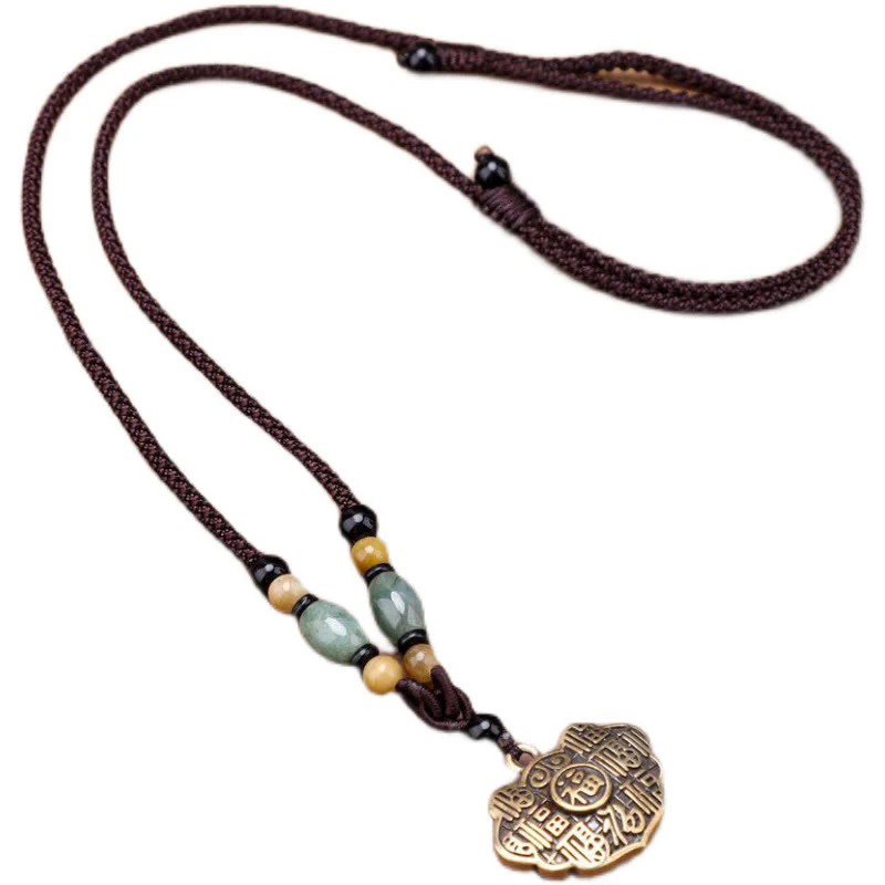 Buddha Stones Copper Brass Fu Character Luck Fortune Rope Necklace Pendant