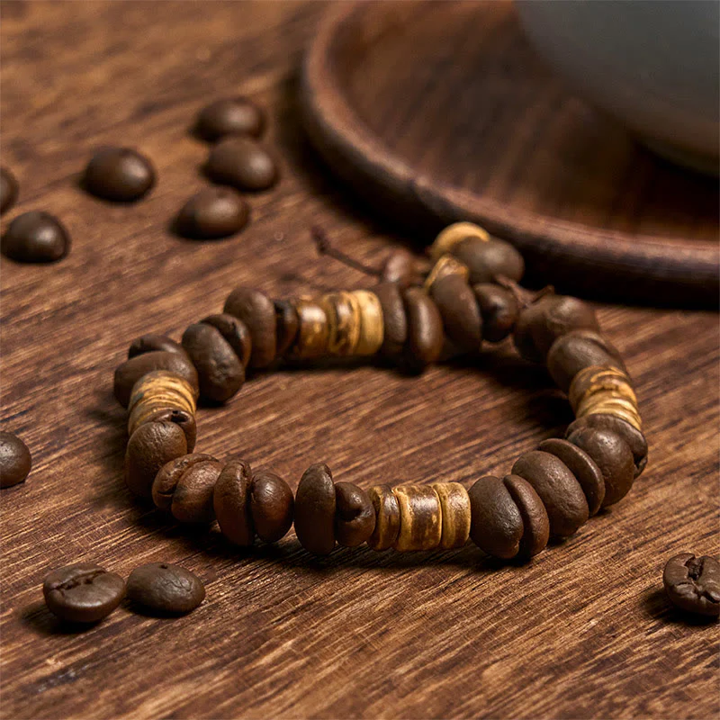 Buddha Stones Handmade Natural Coffee Beans Coconut Shell Happiness Bracelet