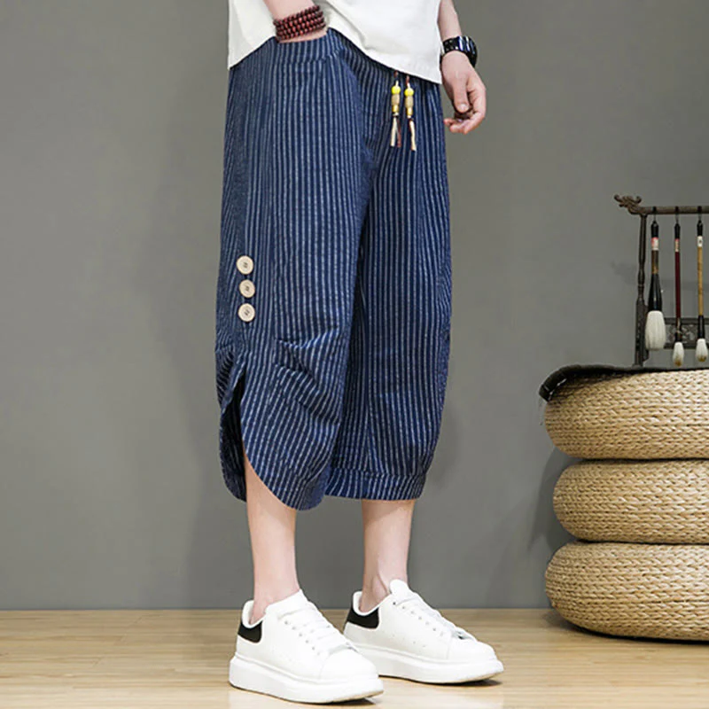 Buddha Stones Casual White Stripes Pattern Drawstring Button Design Men's Cotton Cropped Harem Pants With Pockets