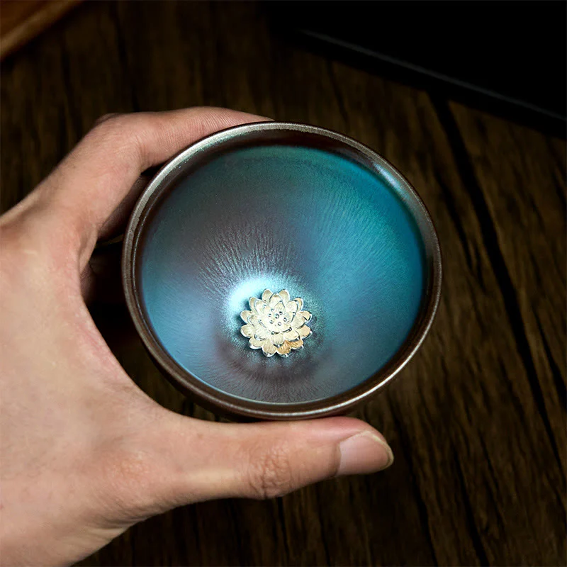 Buddha Stones Handmade Chinese Jianzhan Lotus Flower Blue Purple Ceramic Teacup Kung Fu Tea Cup 150ml