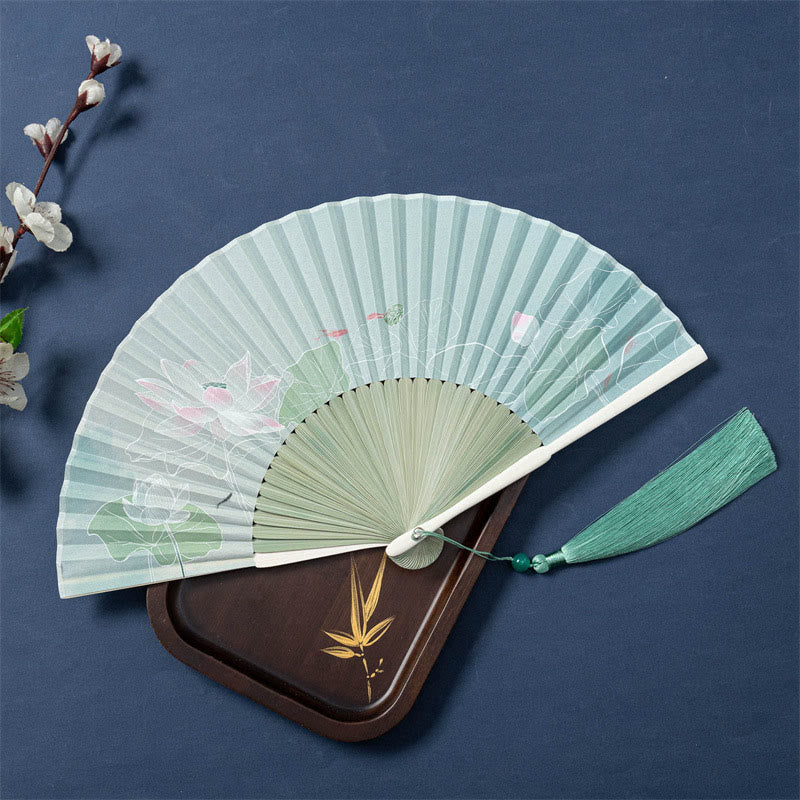 Buddha Stones Lotus Begonia Flower Jasmine Handheld Bamboo Folding Fan 21cm