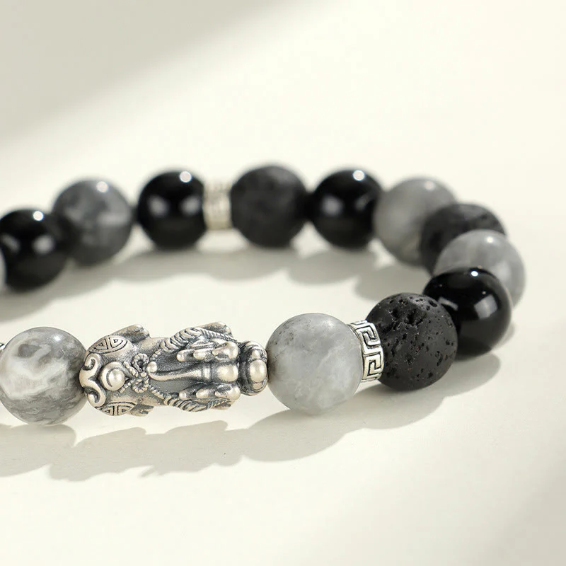 Buddha Stones 999 Sterling Silver PiXiu Black Onyx Grey Jasper Lava Rock Protection Bracelet