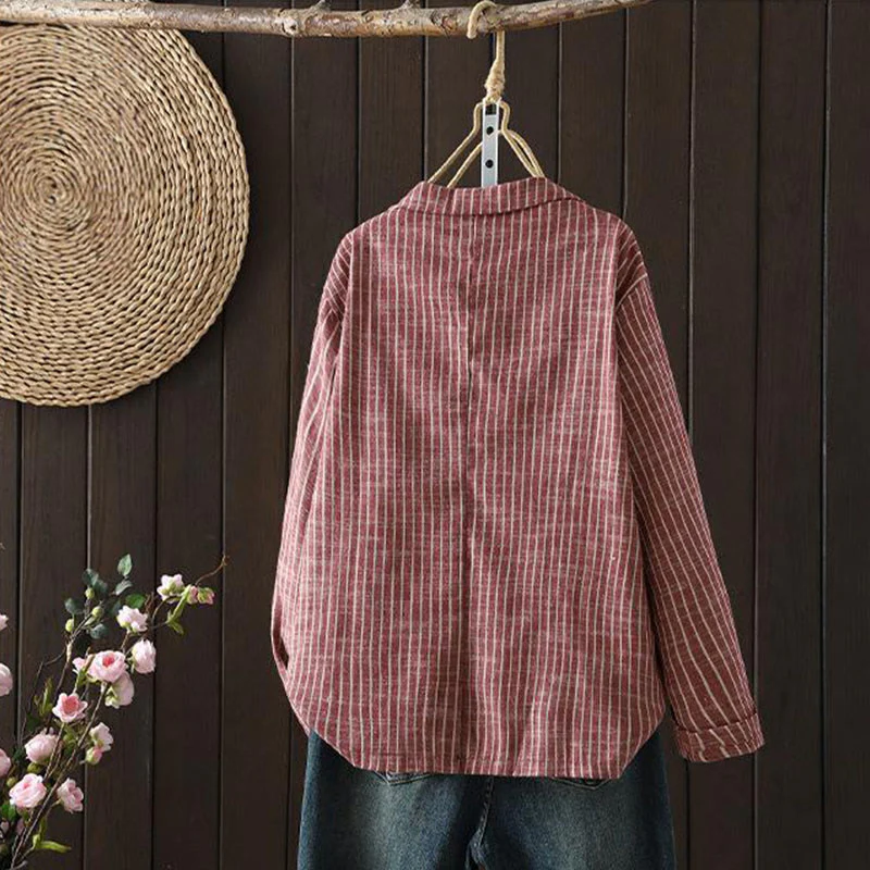 Buddha Stones Splicing Stripes Women's Cotton Linen Jacket With Pockets