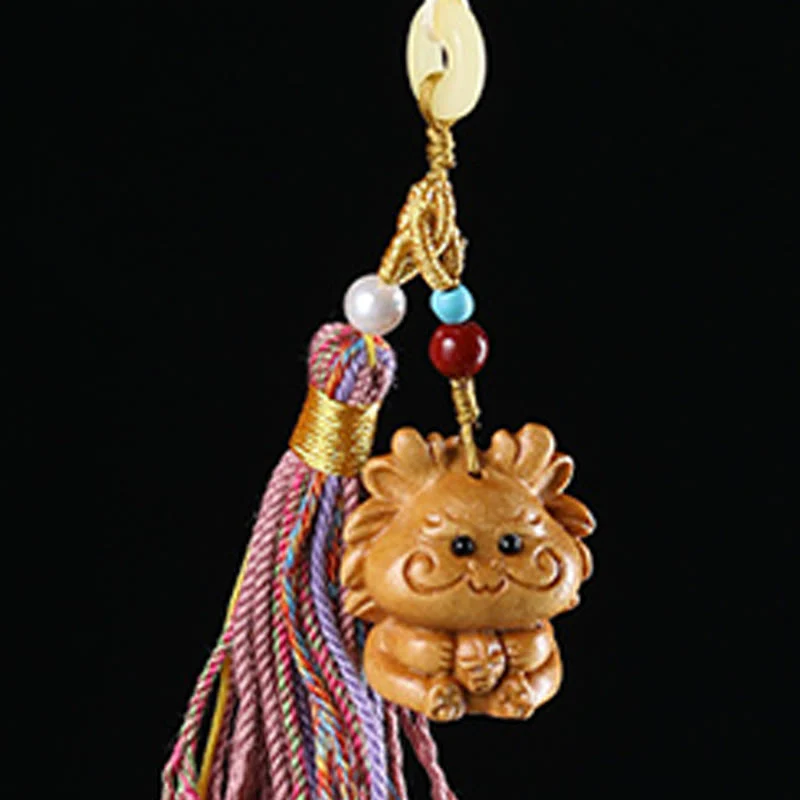 Buddha Stones Sandalwood 12 Chinese Zodiac Blessing Colorful Tassel Accessories Keychain