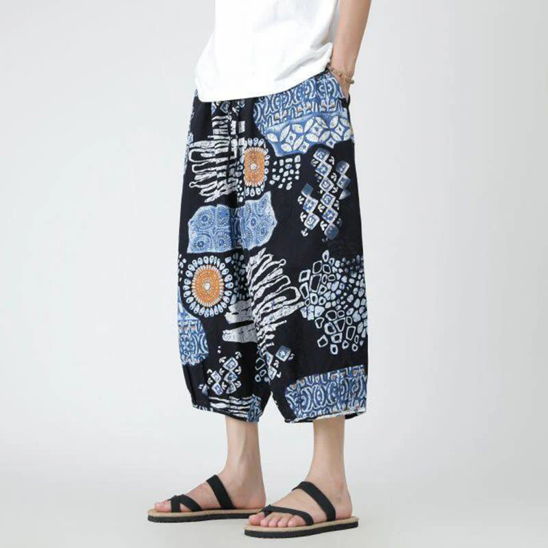 Buddha Stones Summer Square Patchwork Elephant Mandala Geometry Cotton Linen Men's 7-8 Length Pants With Pockets